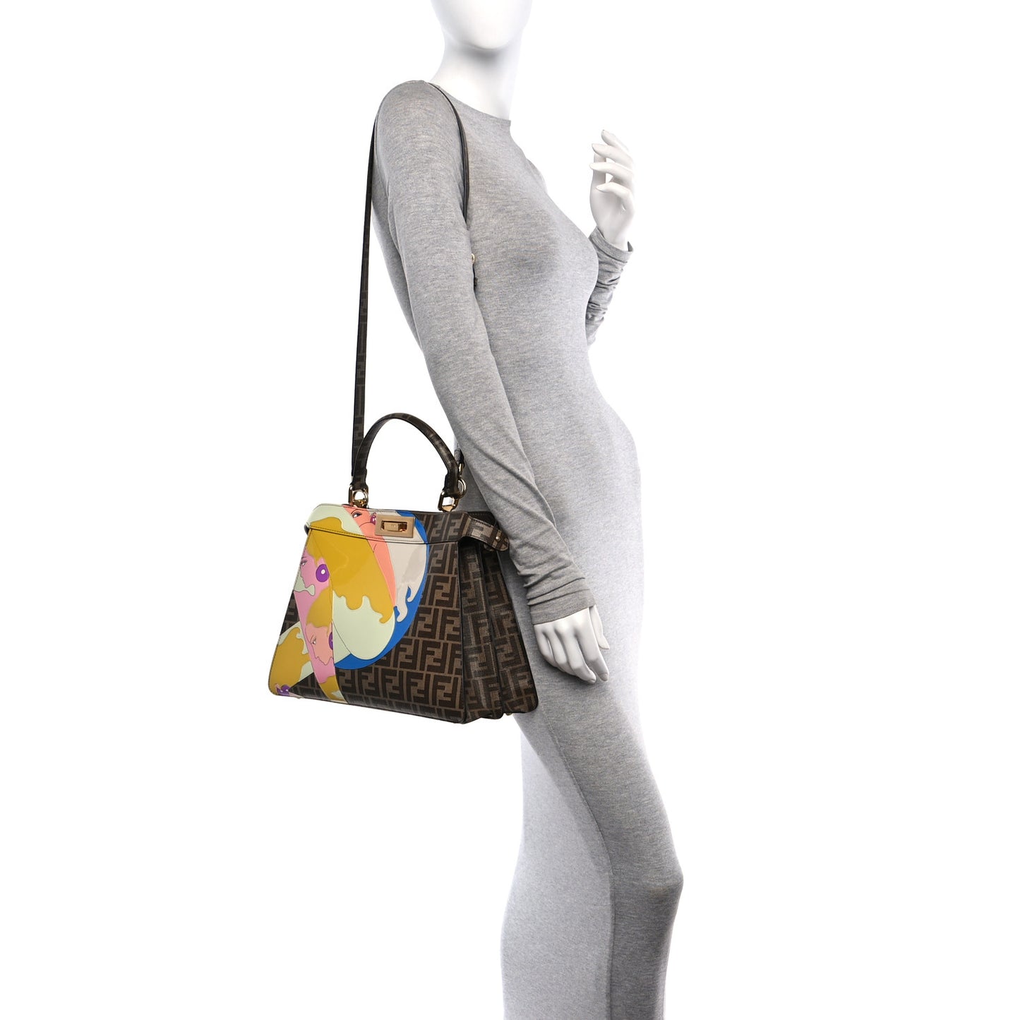 Glazed Fabric Vitello FF 1974 Hairdo Girls Inlay Medium Peekaboo Iconic Satchel Mogano Panna Multicolor