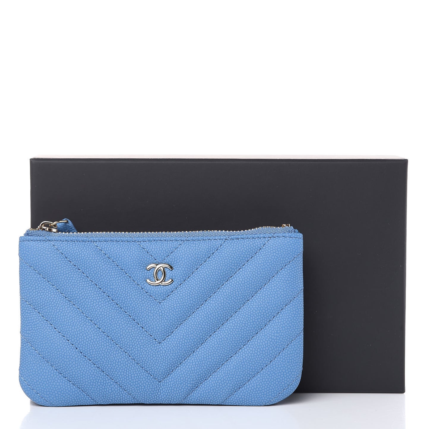 Caviar Chevron Quilted Small Cosmetic Case Blue