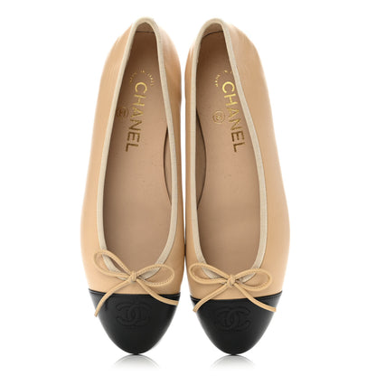 Chanel Lambskin Cap Toe CC Ballerina Flats 38 Beige Black 5 of 9