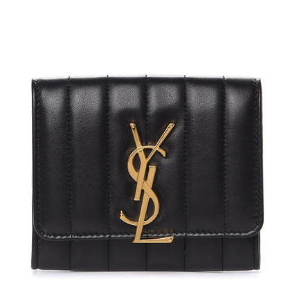 Saint Laurent Lambskin Matelasse Monogram Vicky Tri-Fold Wallet Black 1 of 7