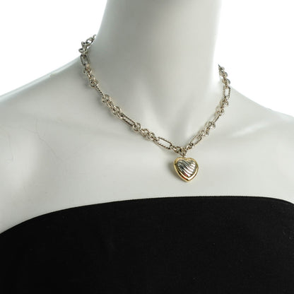 David Yurman Sterling Silver 18K Yellow Gold Cable Heart Figaro Necklace 5 of 6