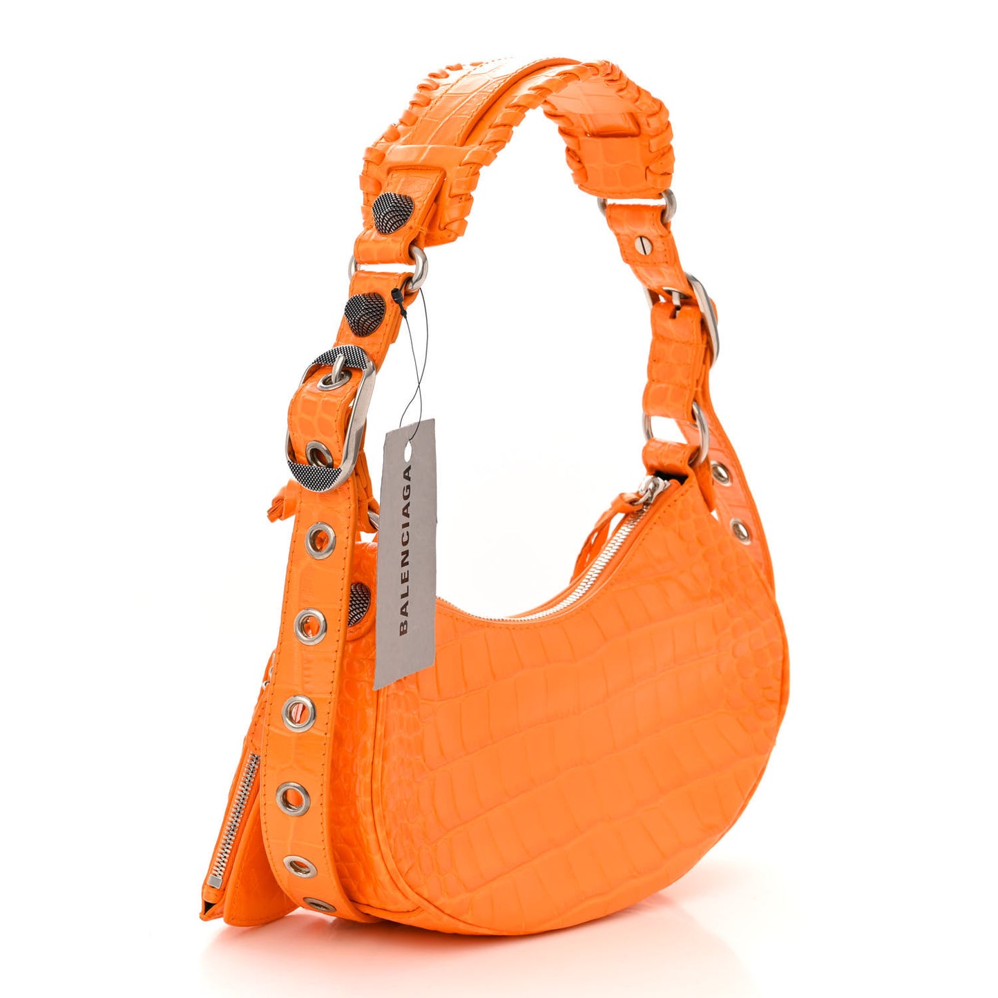 Extra Supple Calfskin Crocodile Embossed Le Cagole Shoulder Bag XS Pop Orange