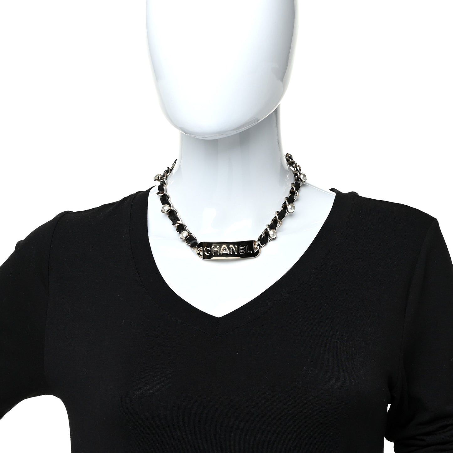 Metal Lambskin Pearl Name Plate Choker Necklace Black Gold