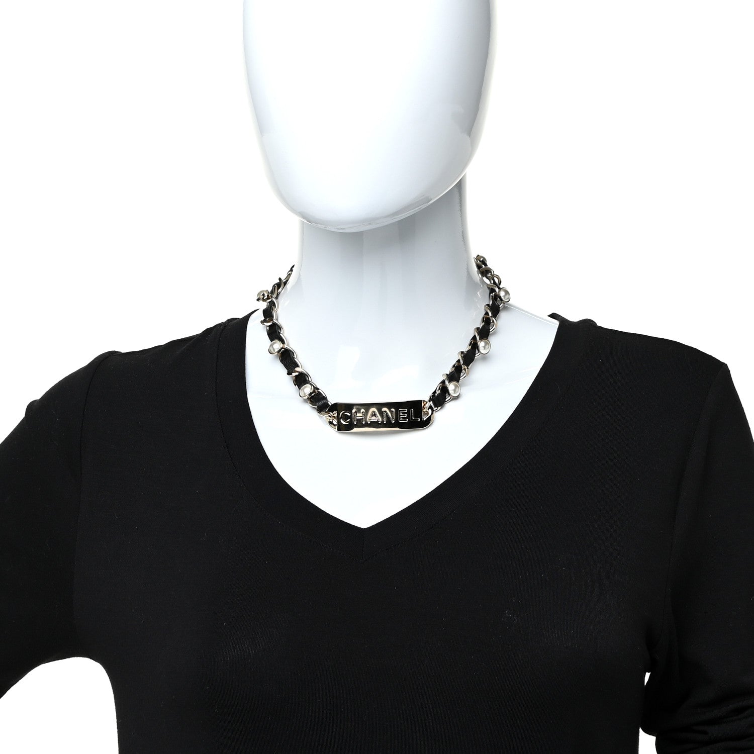 Chanel Metal Lambskin Pearl Name Plate Choker Necklace Black Gold 2 of 5