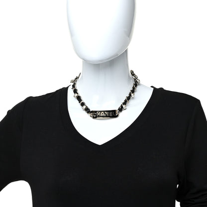 Chanel Metal Lambskin Pearl Name Plate Choker Necklace Black Gold 2 of 5