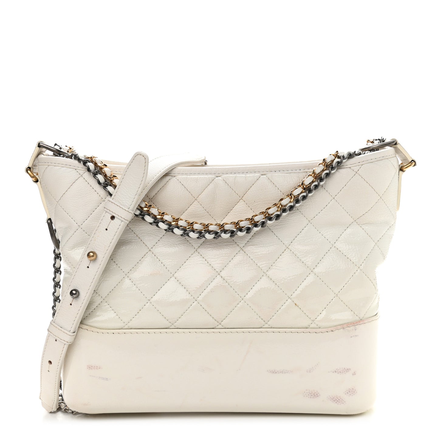 Patent Goatskin Quilted Medium Gabrielle Hobo White