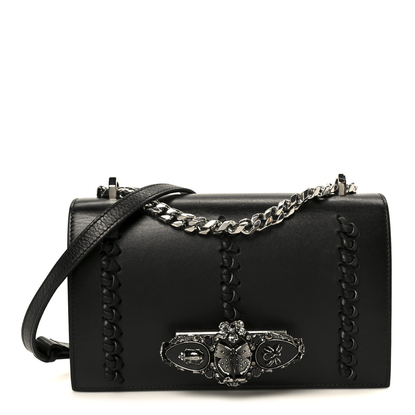 Calfskin Stitched Butterfly Jeweled Knuckle Satchel Black