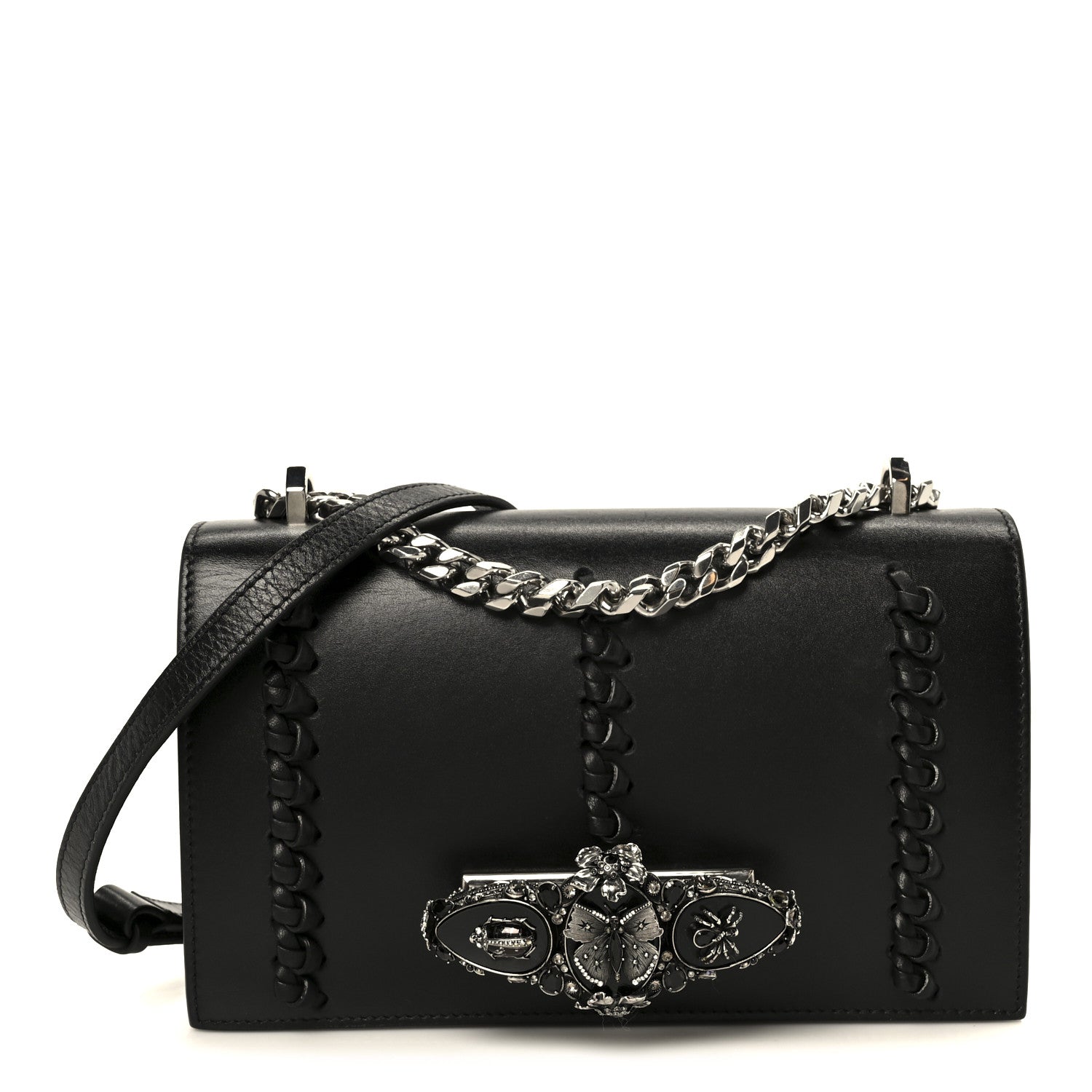 Alexander McQueen Calfskin Stitched Butterfly Jeweled Knuckle Satchel Black 1 of 11