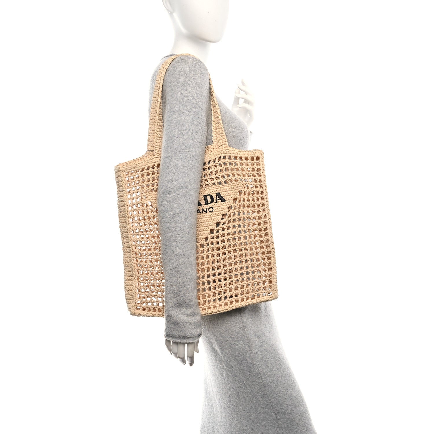 Prada Yarn Raffia Effect Crochet Logo Embroidered Tote Bag