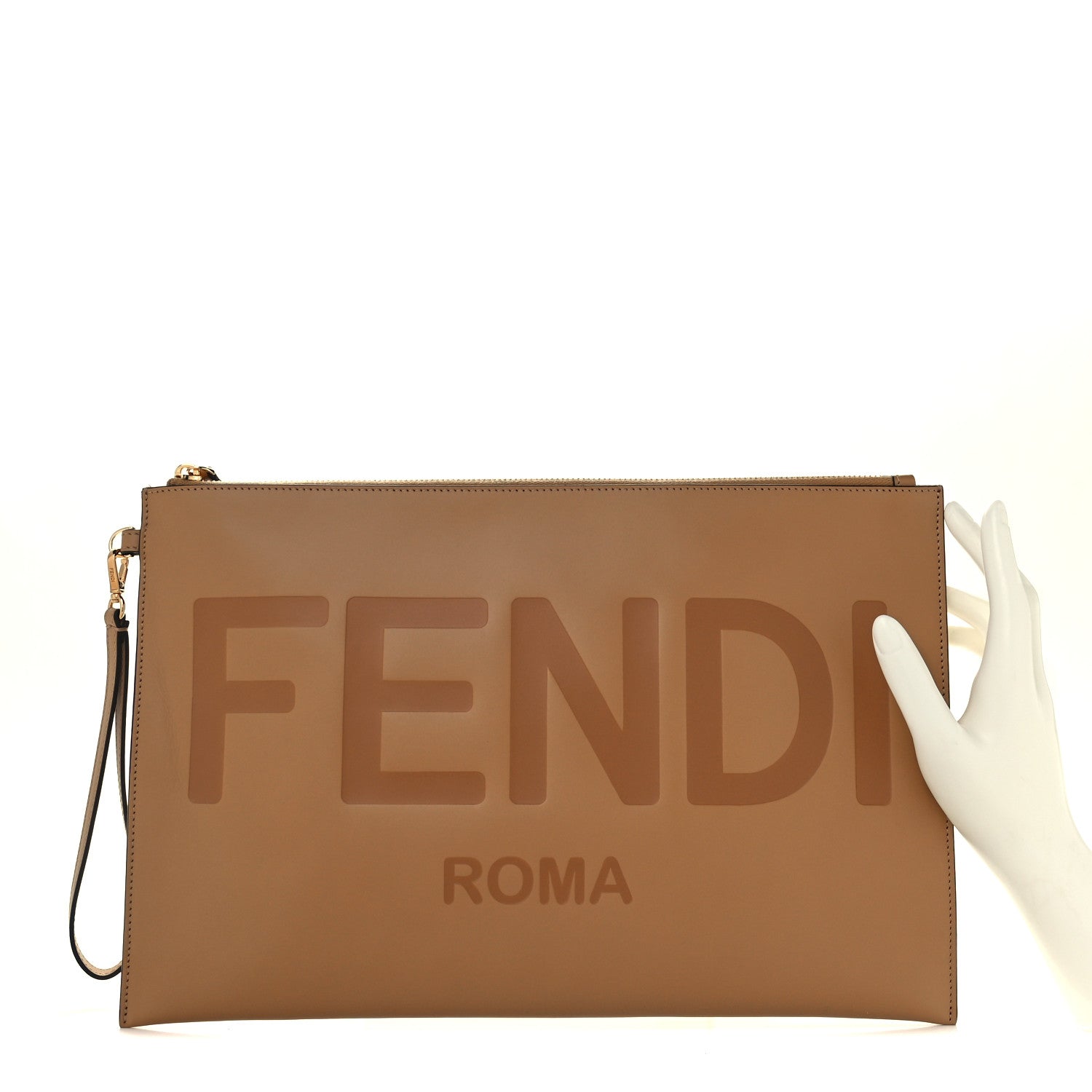 Fendi Vitello King Logo Embossed Large Flat Pouch Miele Scuro 3 of 10