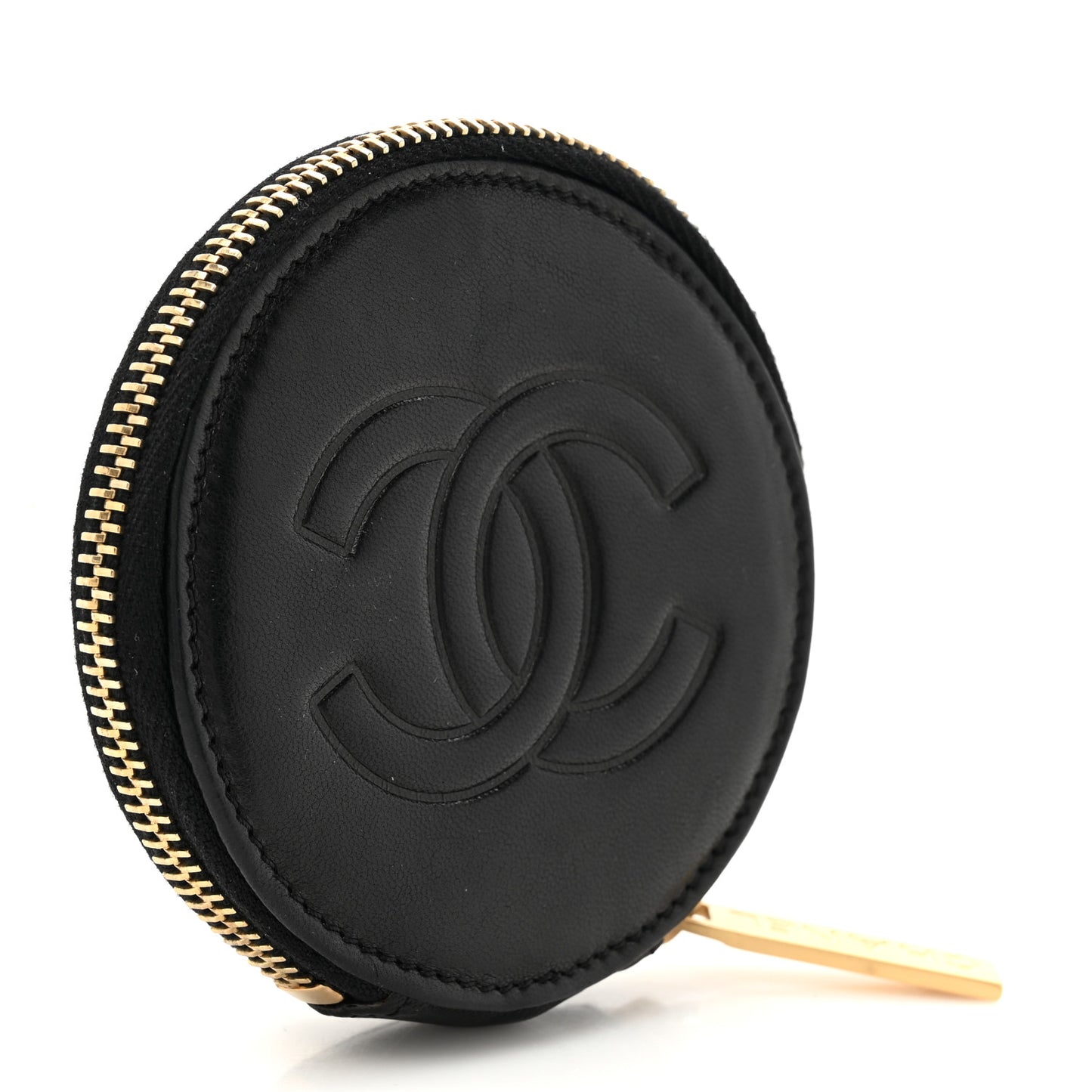 Lambskin Round Camellia CC Coin Purse Black