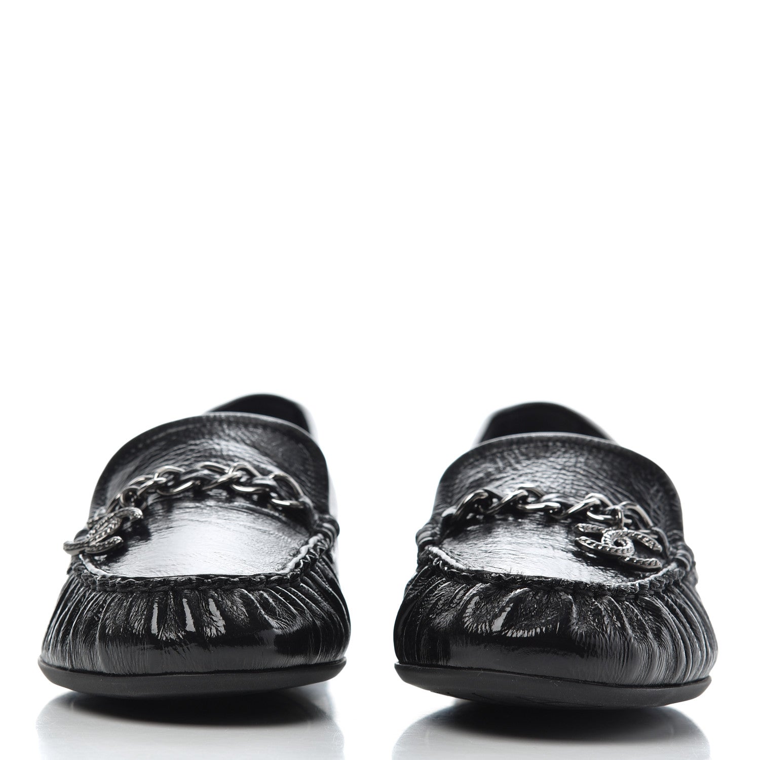 Chanel Crackled Patent Calfskin CC Mocassin Loafers 38 Black 2 of 14