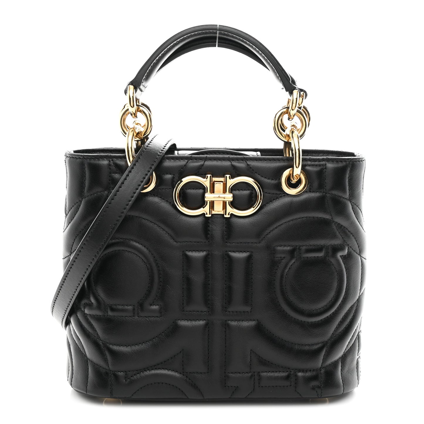 Calfskin Embossed Logo Plaque Gancini Tote Black