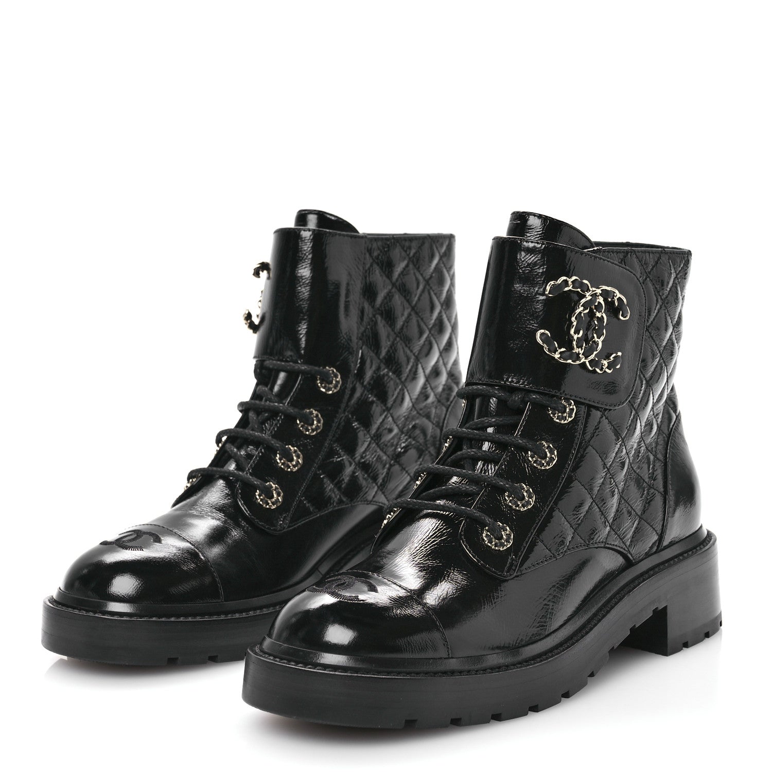 Chanel Shiny Goatskin Calfskin Quilted Lace Up Combat Boots 40 Black 3 of 8