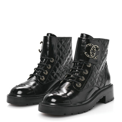 Chanel Shiny Goatskin Calfskin Quilted Lace Up Combat Boots 40 Black 3 of 8