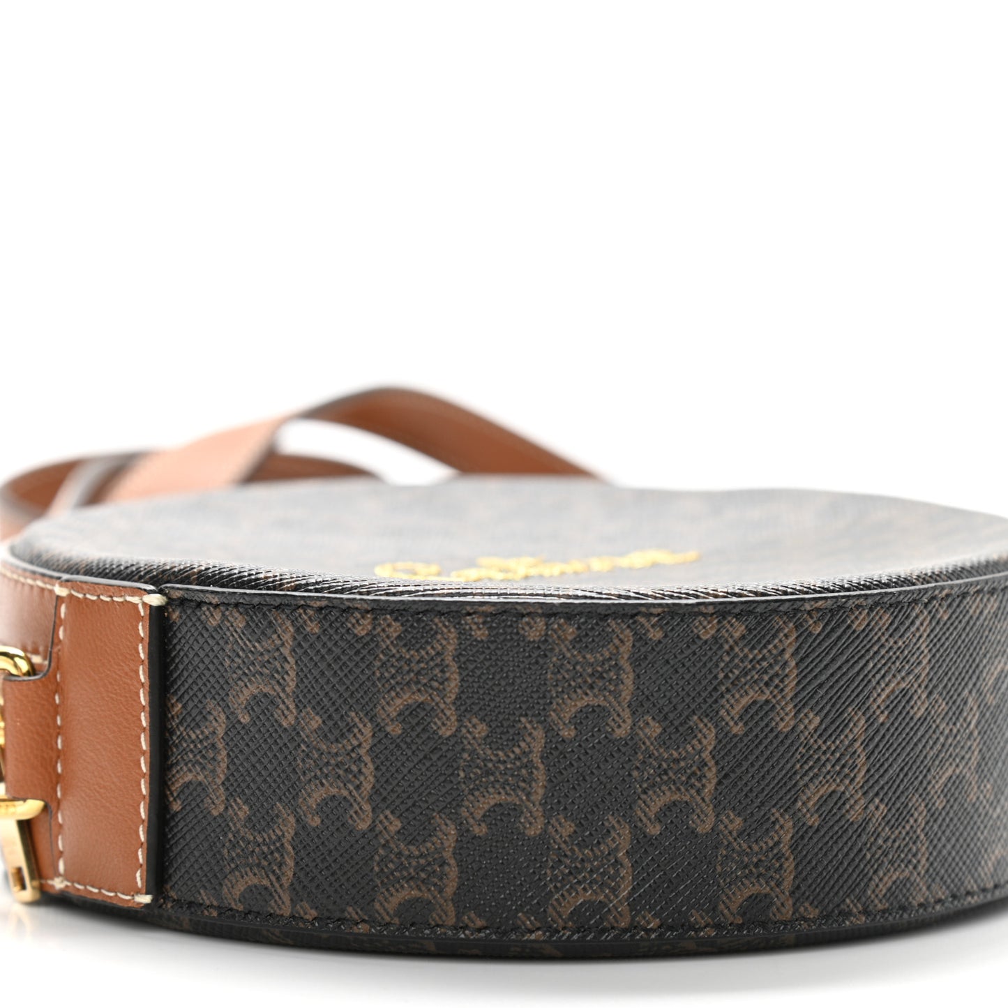 Triomphe Canvas Embroidered Logo Round Purse On Strap Black Tan