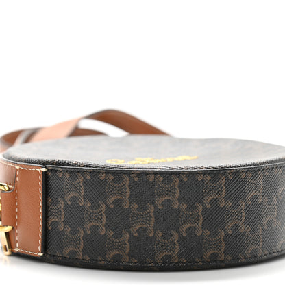 Celine Triomphe Canvas Embroidered Logo Round Purse On Strap Black Tan 9 of 11