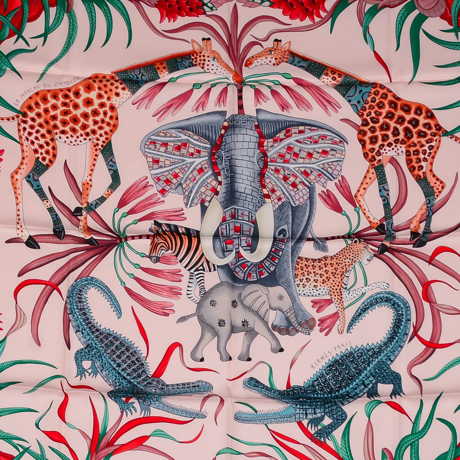 Hermes Silk La Marche Du Zambeze Scarf 90 Rose Pale Rouge Vert 1 of 8
