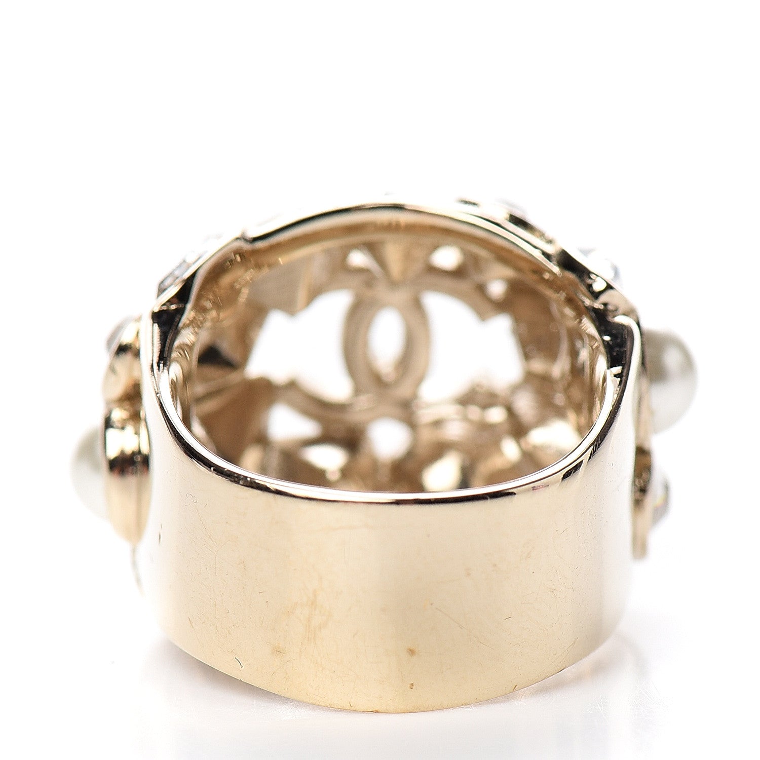 Chanel Metal Glass Pearl Strass Snowfall Ring 52 6 Light Gold 3 of 4