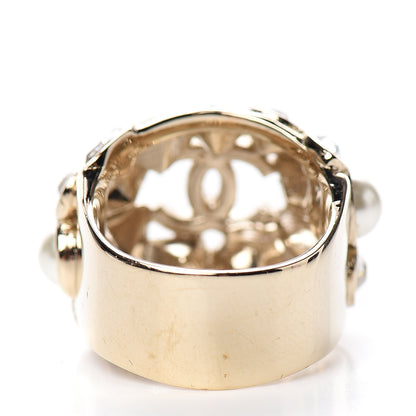 Chanel Metal Glass Pearl Strass Snowfall Ring 52 6 Light Gold 3 of 4