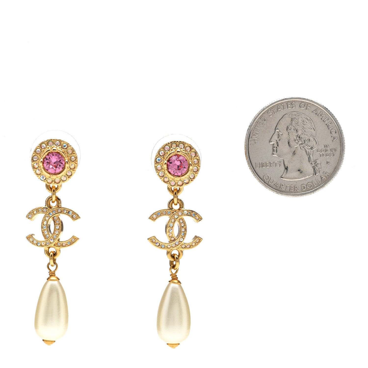 Chanel Metal Crystal Pearl CC Drop Earrings Gold Pink White 2 of 6