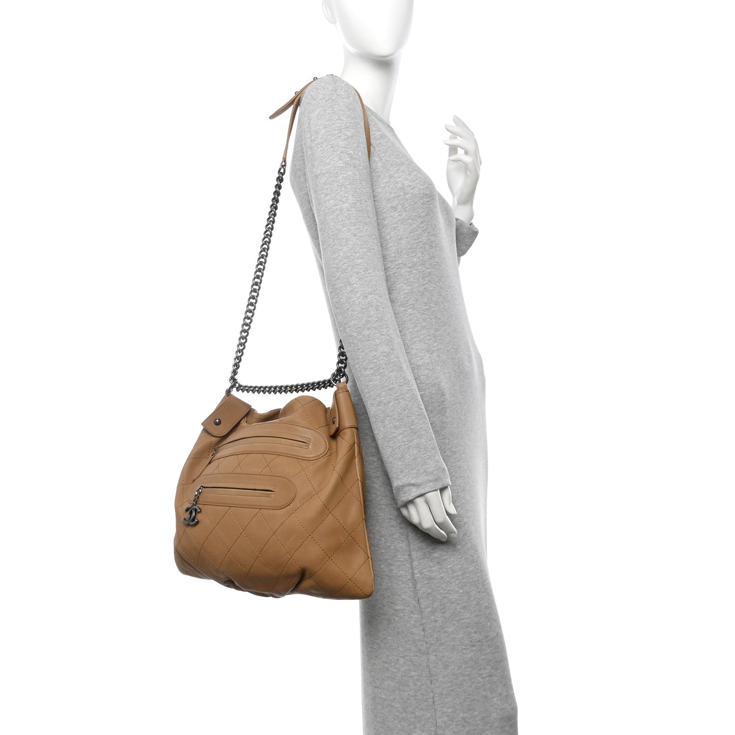 Chanel Calfskin Stitched Double Zip Hobo Beige 2 of 15