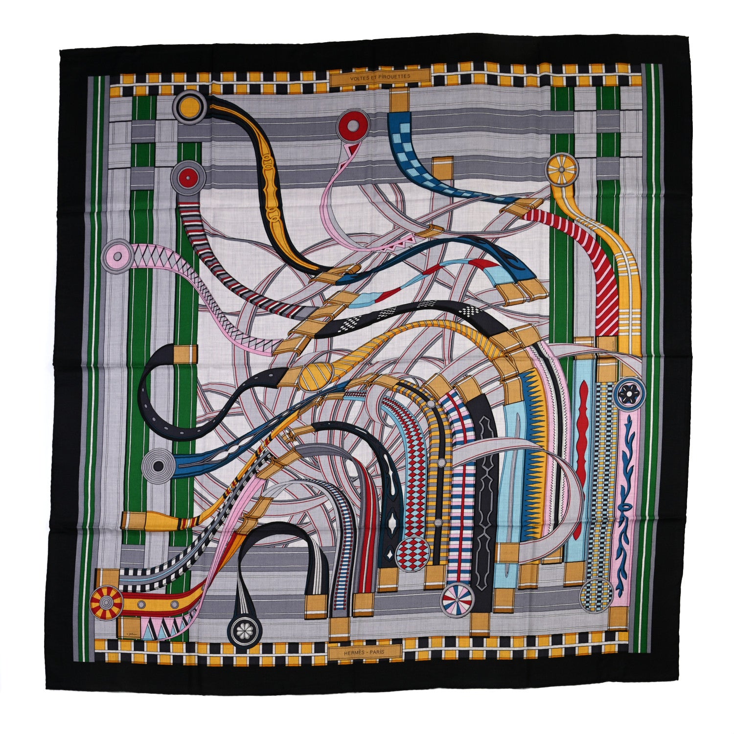 Hermes Cashmere Silk Voltes Et Pirouettes Shawl 140 Black Gris Chine Rouge 1 of 6