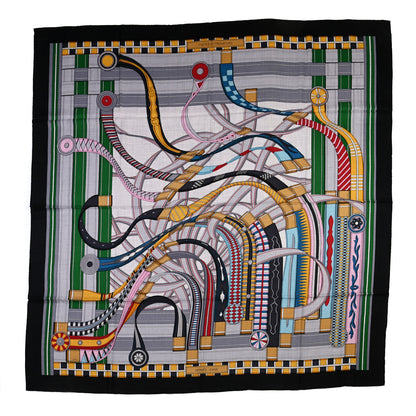 Hermes Cashmere Silk Voltes Et Pirouettes Shawl 140 Black Gris Chine Rouge 1 of 6