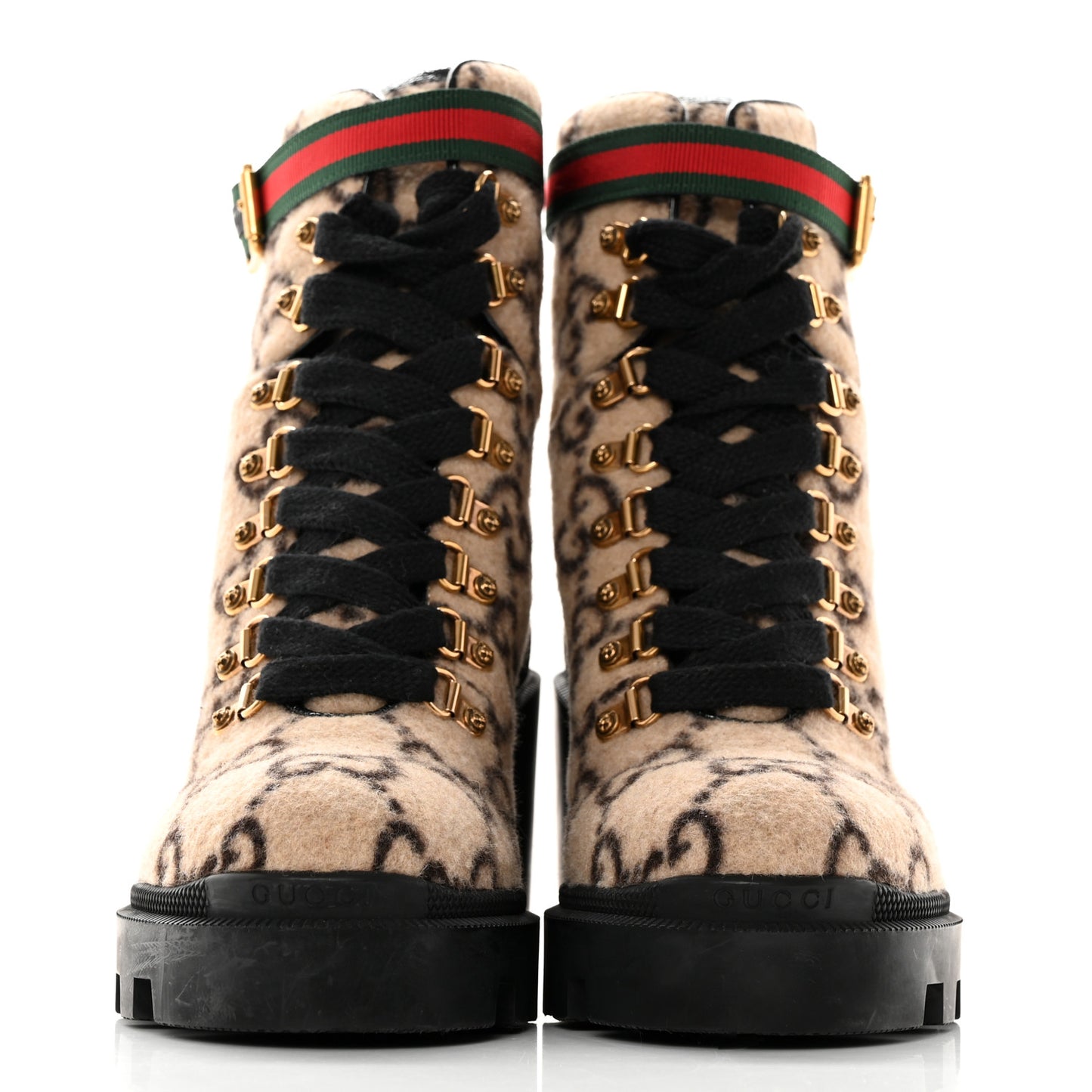 Covered Wool GG Monogram Womens Lace Up Combat Ankle Boots 38 Beige Ebony Black