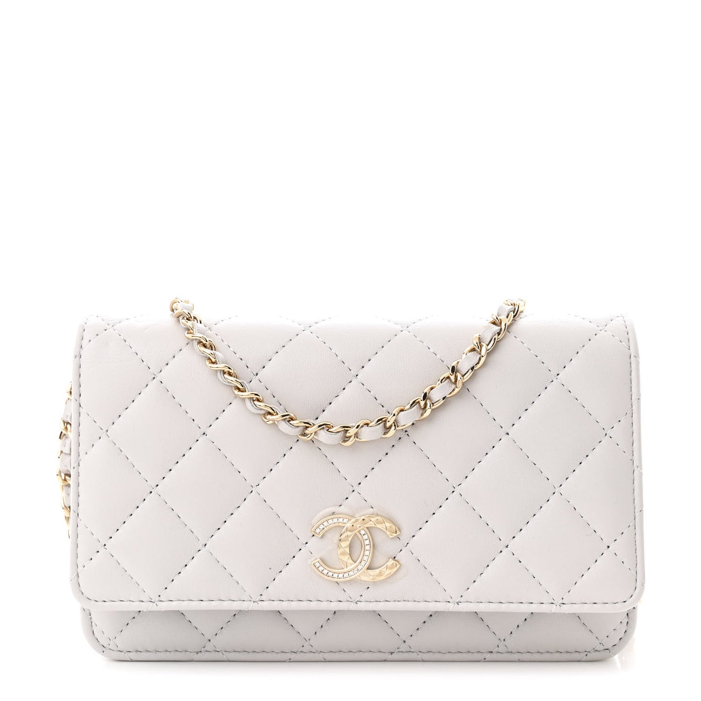 Lambskin Quilted Crystal CC Wallet On Chain WOC Grey