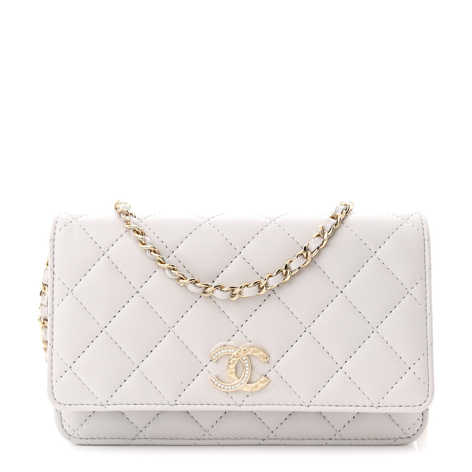 Chanel Lambskin Quilted Crystal CC Wallet On Chain WOC Grey 1 of 12