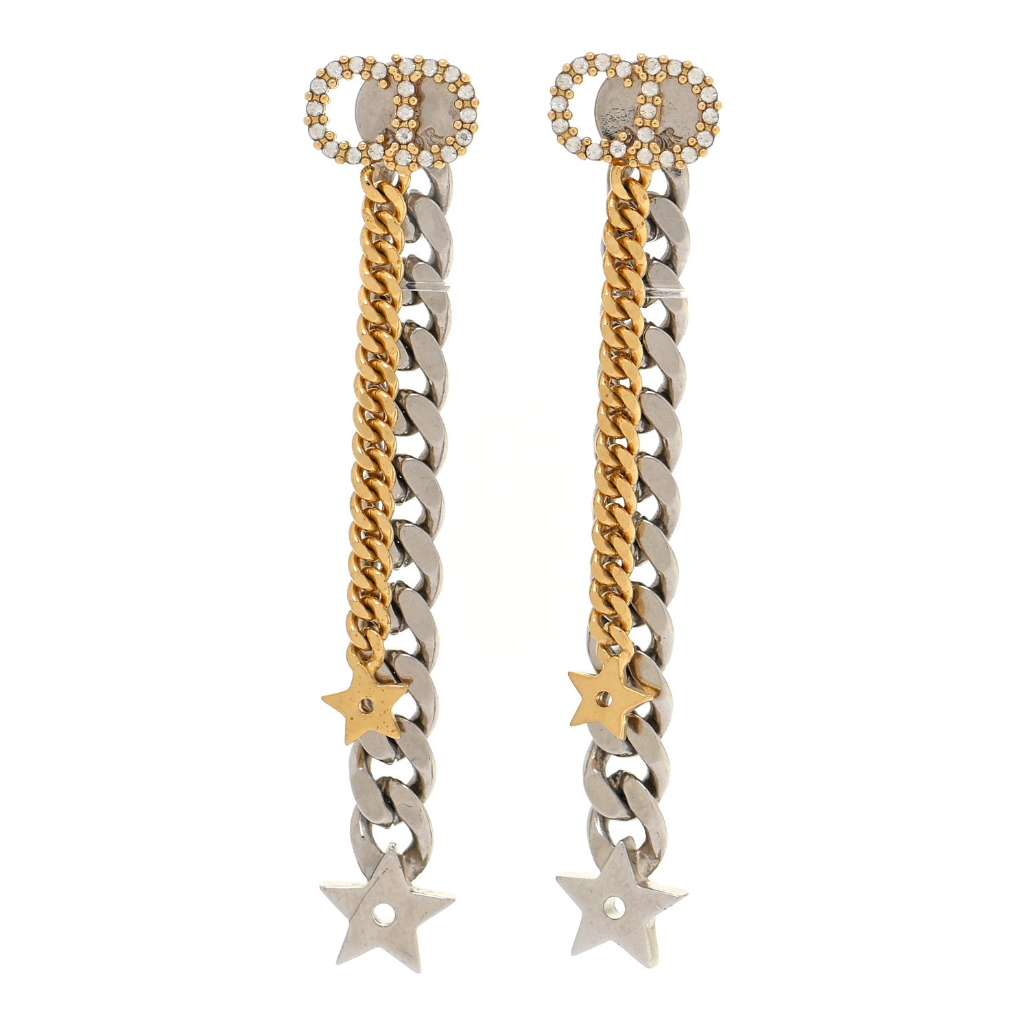Christian Dior Crystal Star CD Star Dangle Chain Earrings Gold Silver 1 of 5