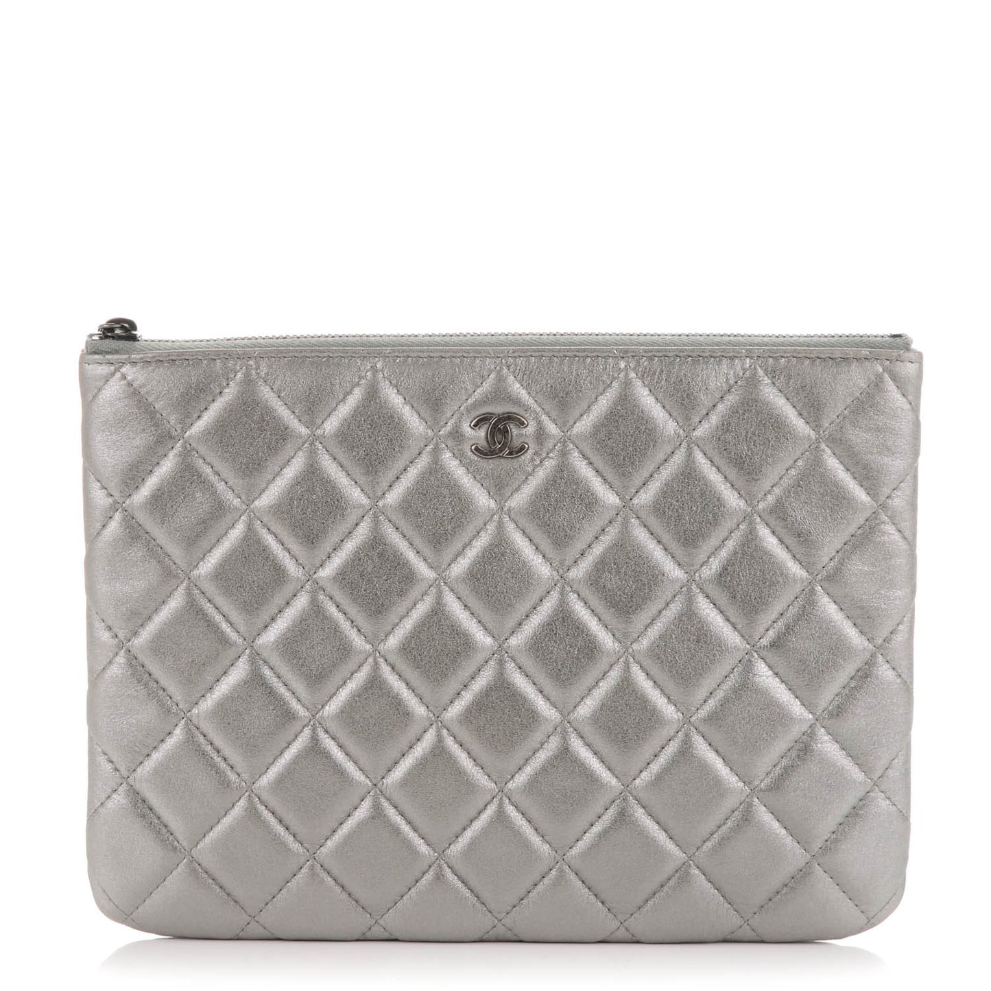 Metallic Lambskin Quilted Medium Cosmetic Case Silver