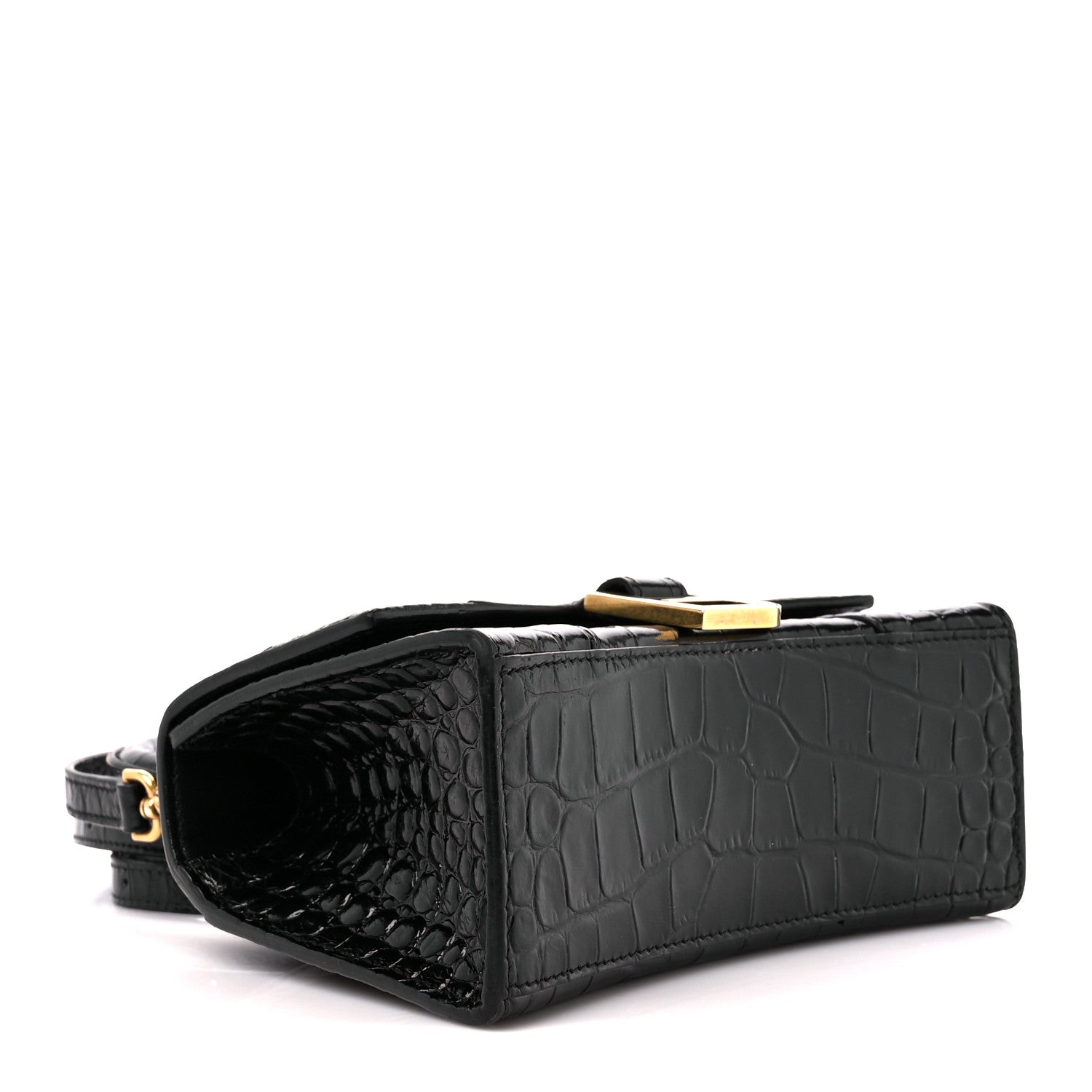 Balenciaga Shiny Calfskin Crocodile Embossed Hourglass Top Handle Bag XS Black 4 of 13