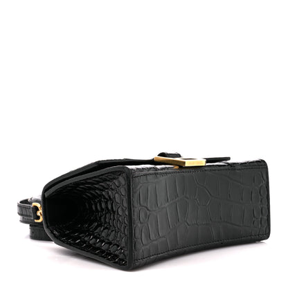 Balenciaga Shiny Calfskin Crocodile Embossed Hourglass Top Handle Bag XS Black 4 of 13