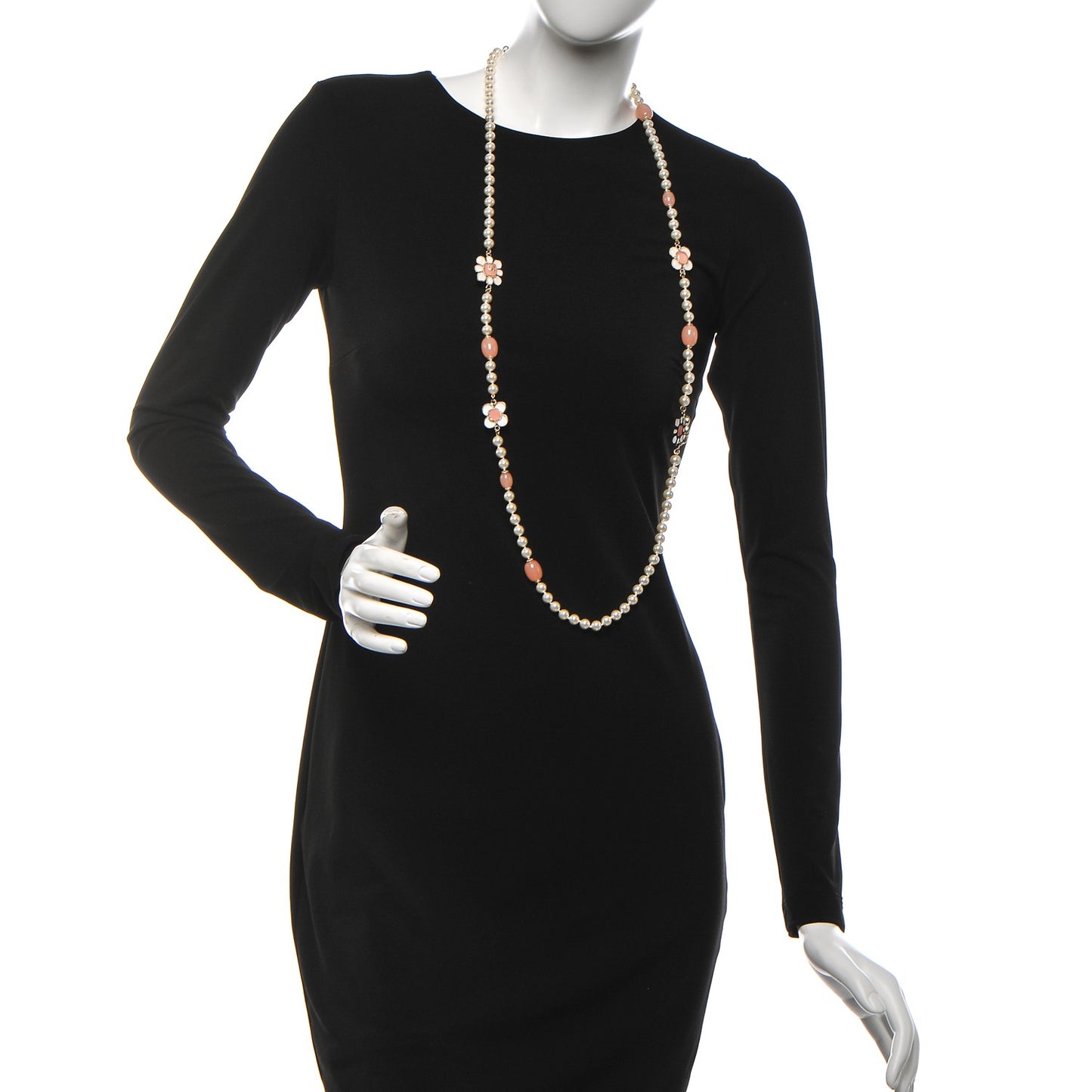 Pearl Gripoix Poured Glass CC Korean Blossom Long Necklace Pink Gold