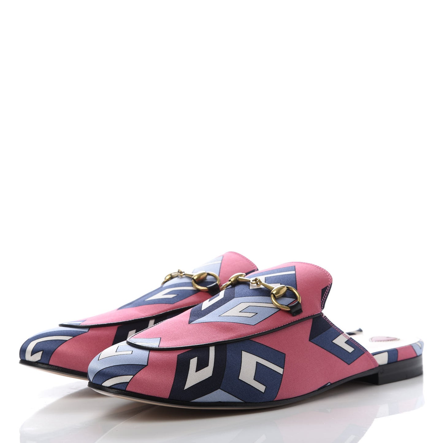 Satin GG Wallpaper Womens Princetown Slippers 38.5 Pink Flamboyant Blue Black
