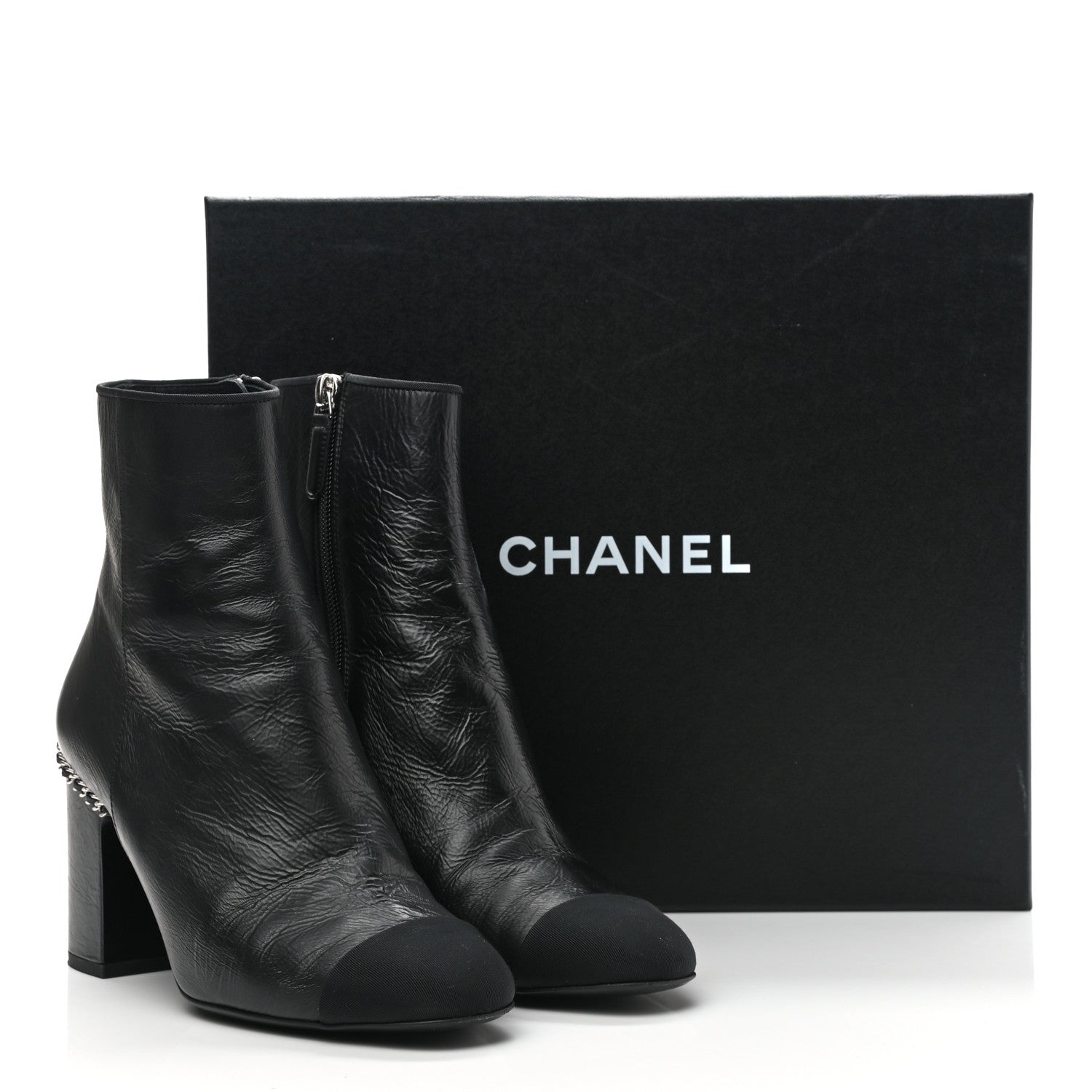 Chanel Crumpled Calfskin Cap Toe Chain Short Boots 37.5 Black 8 of 8