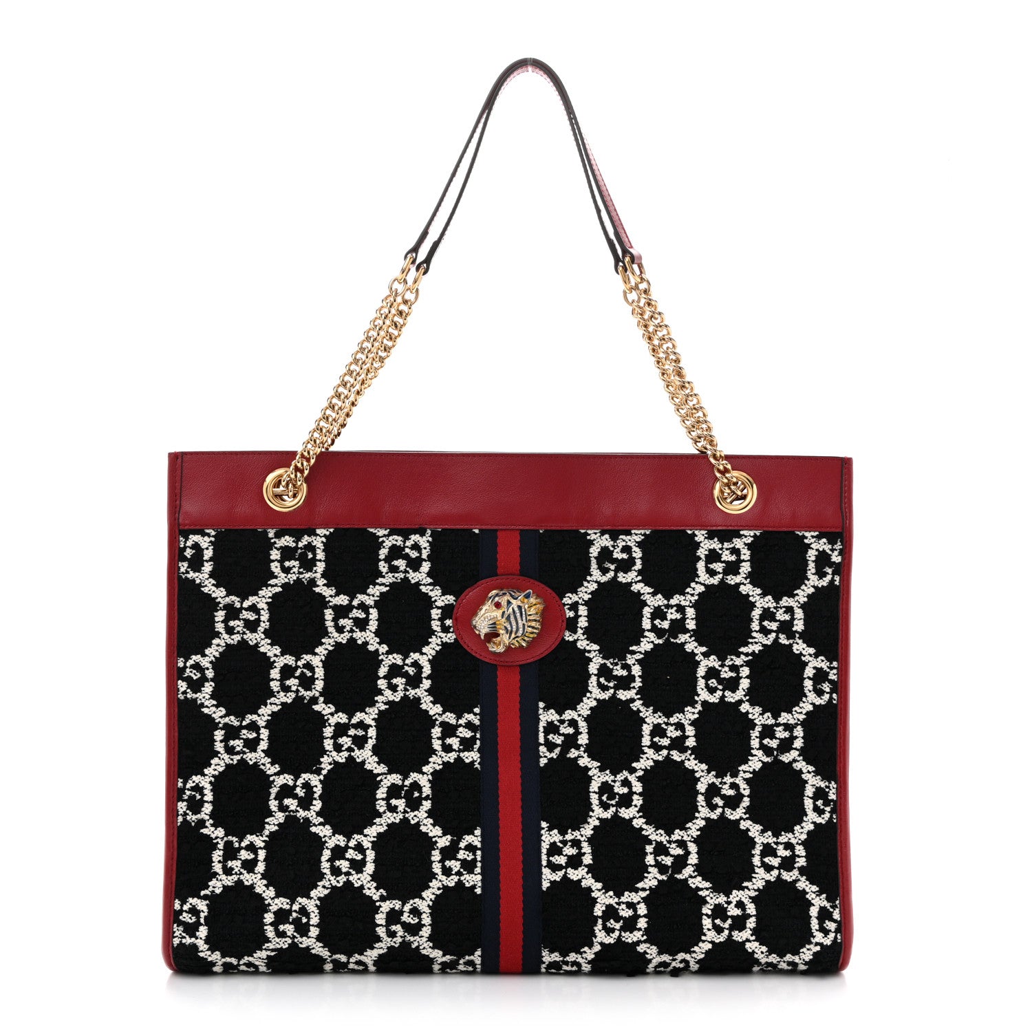 Gucci Tweed GG Monogram Large Rajah Chain Tote Romantic Cherry Black White 1 of 14