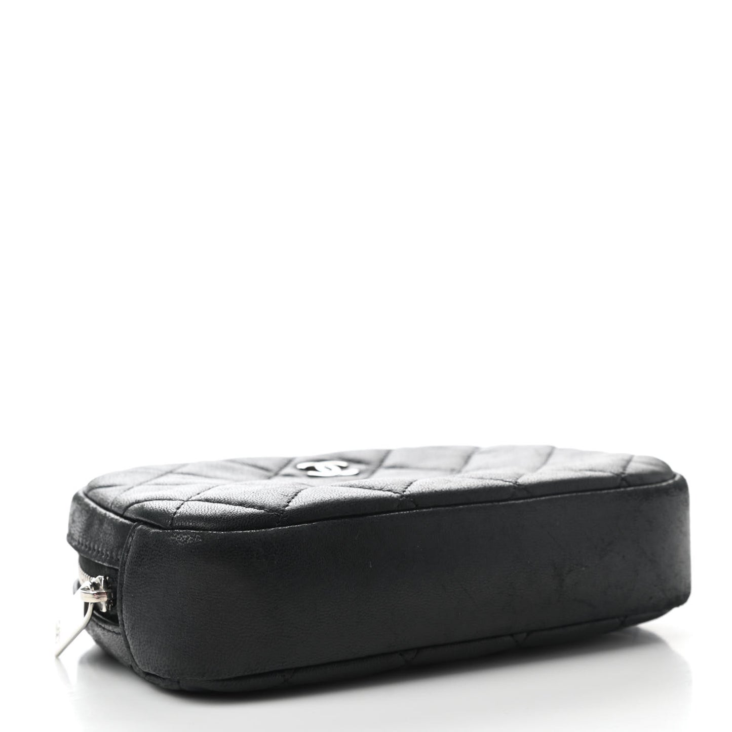 Lambskin Quilted Small Curvy Pouch Cosmetic Case Black