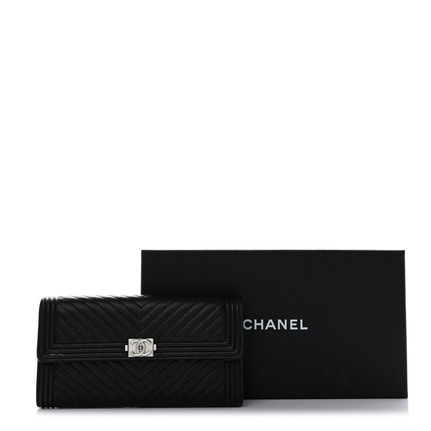 Caviar Chevron Quilted Boy Flap Wallet Black