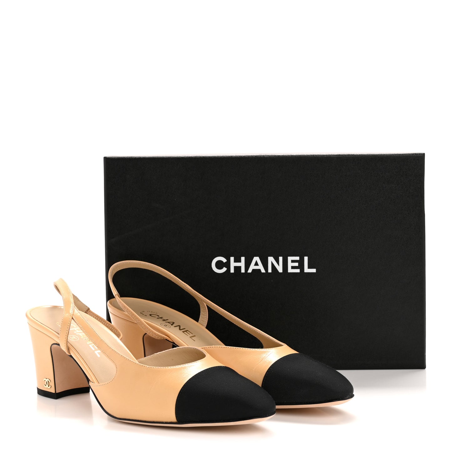 Goatskin Grosgrain Cap Toe CC Slingback Pumps 41 Beige Black