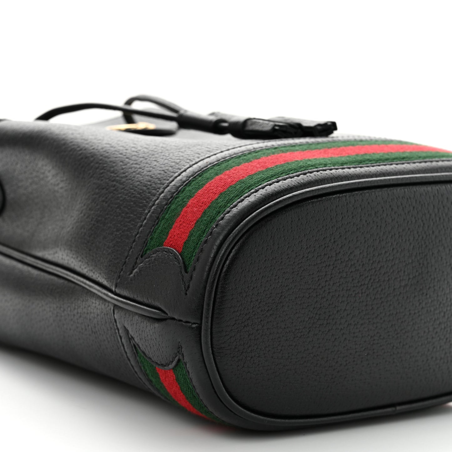 Glazed Textured Calfskin Web Small Ophidia Bucket Bag Black