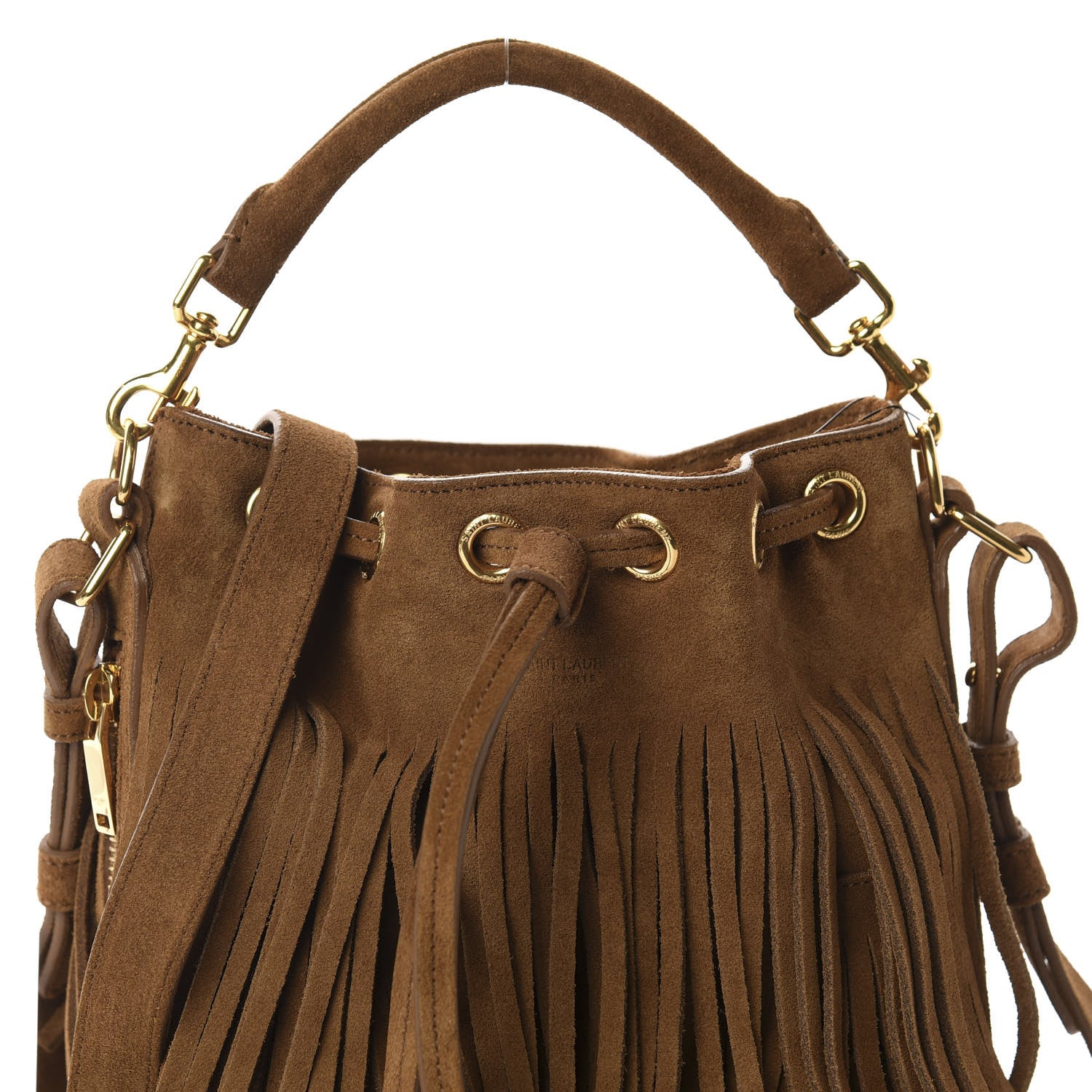 Saint Laurent Suede Calfskin Small Emmanuelle Fringe Bucket Bag Light Ocre 9 of 9