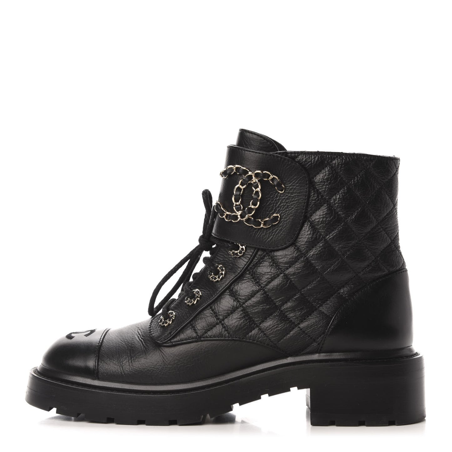 Shiny Goatskin Calfskin Quilted Lace Up Combat Boots 39 Black