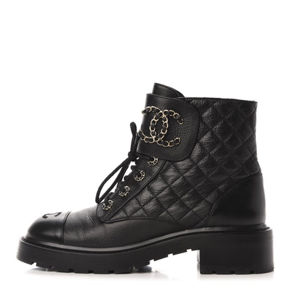 Chanel Shiny Goatskin Calfskin Quilted Lace Up Combat Boots 39 Black 1 of 9