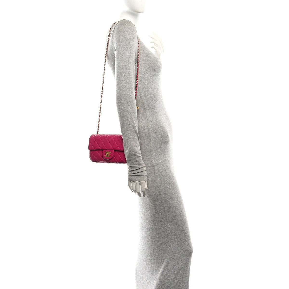 Lambskin Quilted Mini Rectangular Pearl Crush Flap Fuchsia