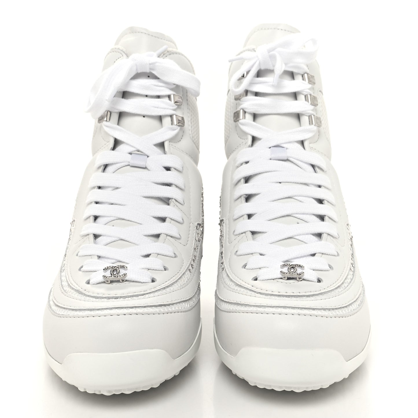 Calfskin Mesh Strass Womens CC Sneakers 39 White Silver
