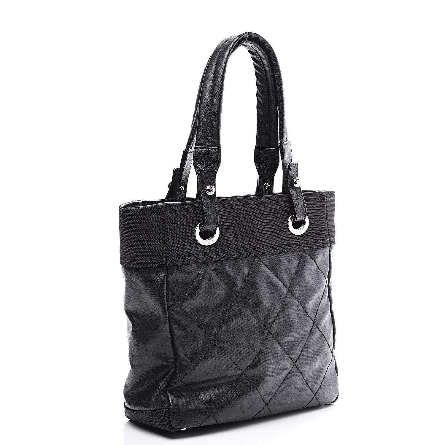 Chanel Coated Canvas Quilted Small Paris Biarritz Tote Black 2 of 9