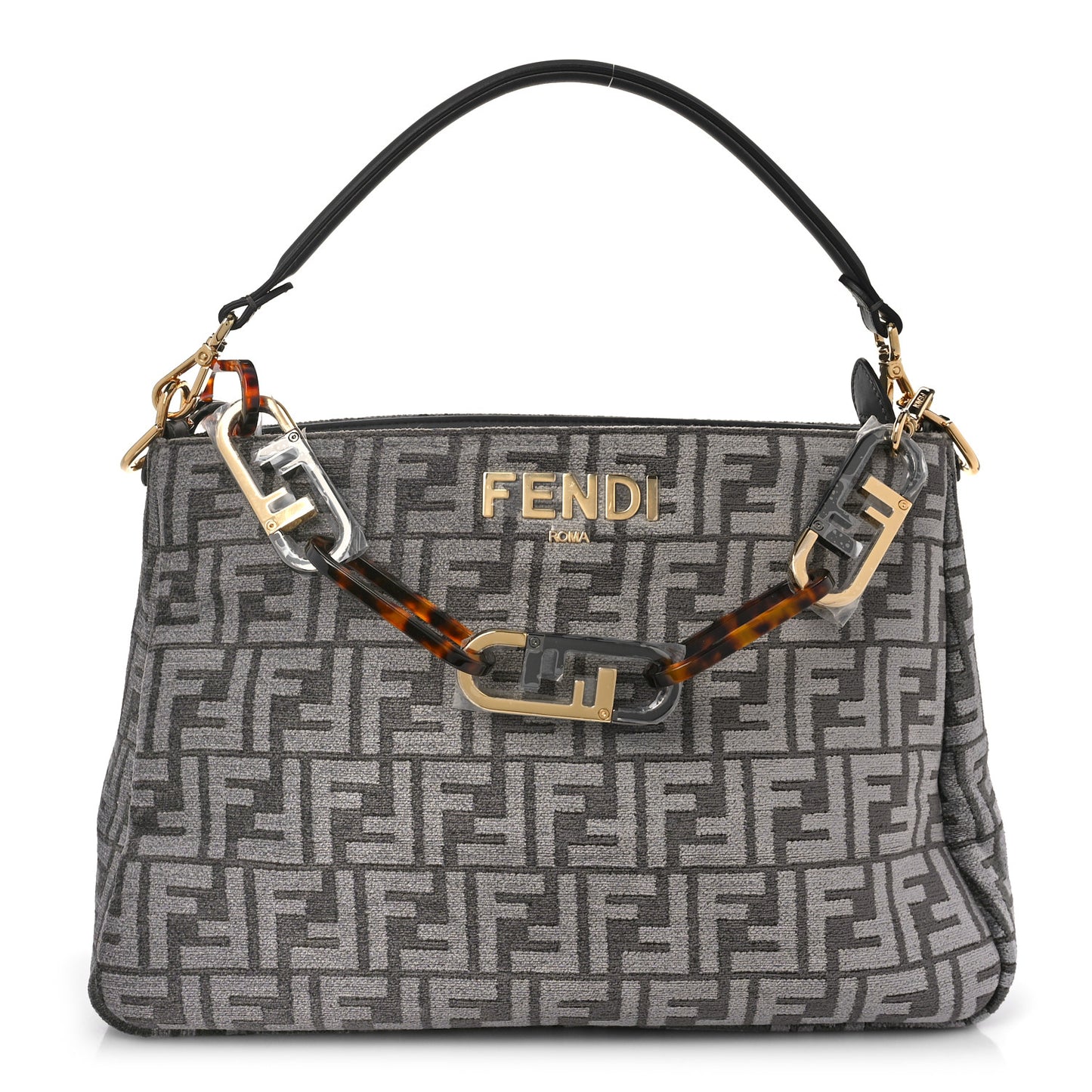 Chenille Vitello Seta Plexiglass FF Fendi O'Lock Zipper Anthracite Asfalto